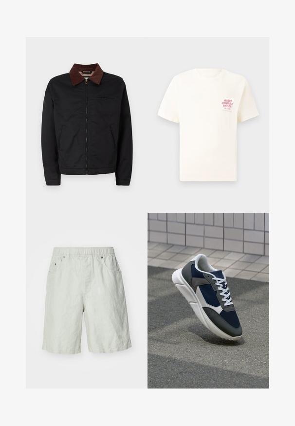 Black zip-up jacket with brown corduroy collar, two front pockets, and one chest pocket, displayed on a plain white background.; White short-sleeve T-shirt with red text "Studio Originals Edition" on left chest, displayed on a neutral gray background.; Light gray shorts made of a textured fabric, featuring an elastic waistband, two side pockets, and a relaxed fit.; Sneaker featuring a navy blue mesh upper, gray suede accents, white rubber sole, and flat white laces, designed for comfort and breathability.