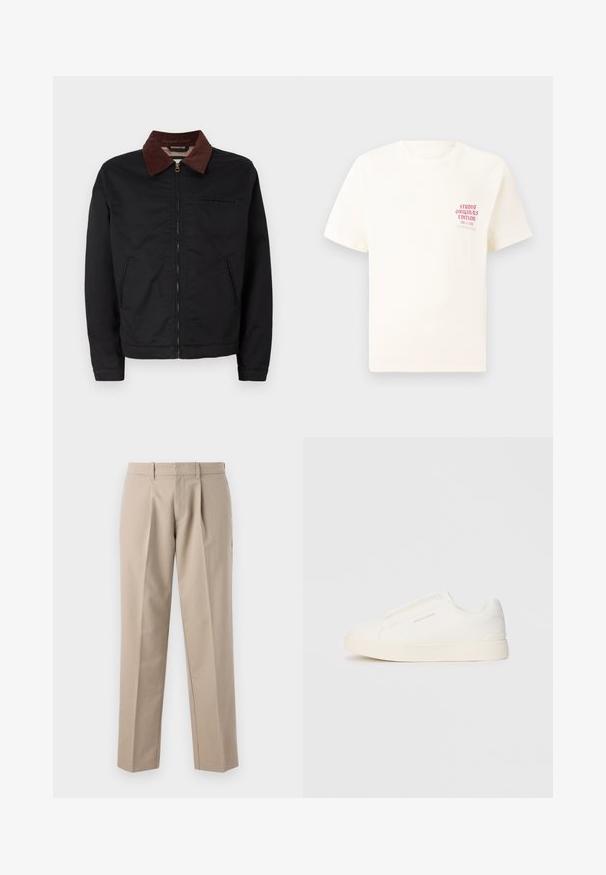 Mustat vetoketjulliset takki ruskealla samettikauluksella, kaksi etupussia ja yksi rintatasku, esillä yksinkertaisella valkoisella taustalla.; Valkoinen lyhythihainen t-paita, jossa on punainen teksti "Studio Originals Edition" vasemmalla rinnalla, esitetty neutraalilla harmaalla taustalla.; Beige-housut, joissa on suora lahkeen muotoilu, etupleatit, sileä rakenne ja normaali vyötärö, jossa on vyölenkit.; Valkoiset liukusukat, joissa on teksturoitu pinta, paksu pohja ja minimalistikot. Sivulla on brändin logo.