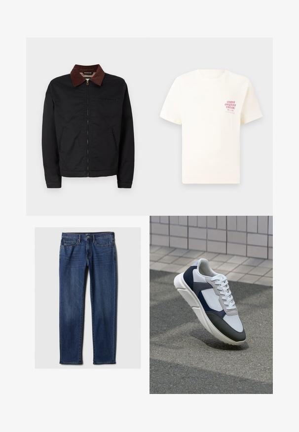 Črna zip-up jakna z rjavim žametnim ovratnikom, z dvema sprednjima žepoma in enim žepom na prsih, prikazana na enobarvni beli podlagi.; Bela majica s kratkimi rokavi z rdečim napisom "Studio Originals Edition" na levi strani prsnega koša, prikazana na nevtralnem sivo backgroundu.; Temno modri kavbojki iz denima, s krojem naravnost, petimi žepe in kontrastnim šivanjem. Zapenjanje v pasu s gumbom in zadrgo.; Bela, mornarsko modra in siva športna obutev z mešano materialno zasnovo, ki vključuje teksturirano zgornji del, ravne vezalke in oblazinjen podplat.