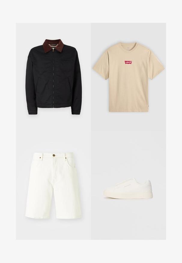 Jaqueta preta com fecho éclair, colarinho de veludo cotelê castanho, dois bolsos frontais e um bolso no peito, exibida sobre um fundo branco liso.; T-shirt de algodão bege com decote redondo e mangas curtas. Apresenta um logo vermelho da Levi's no peito. Tamanho clássico e simples.; Shorts de ganga brancos com corte reto, design clássico de cinco bolsos e fecho de botão de cobre. Textura lisa e bordas cosidas.; Sapatilhas brancas de atacar com uma superfície texturizada, sola grossa e design minimalista. Possui o logo da marca na lateral.