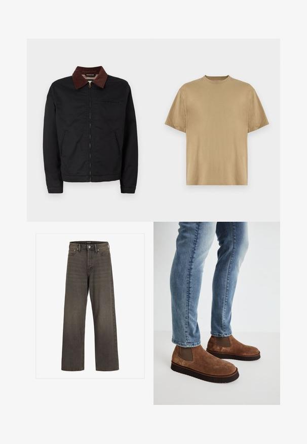Veste zippée noire avec col en velours côtelé marron, deux poches avant et une poche poitrine, présentée sur un fond blanc uni.; T-shirt khaki à manches courtes en tissu doux, avec un col rond et une coupe décontractée. Aucun motif ou graphique visible.; Jean large en denim gris foncé, avec une taille haute, un design classique à cinq poches et des coutures contrastantes le long des coutures.; Bottines en daim marron avec des panneaux latéraux élastiques, semelles en caoutchouc noir épais, associées à un jean slim bleu clair.