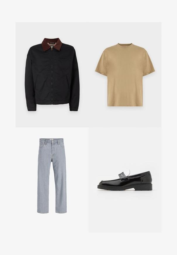 Zwarte ritsjack met bruine corduroy kraag, twee voorzakken en één borstzak, weergegeven op een effen witte achtergrond.; Khaki T-shirt met korte mouwen, gemaakt van zachte stof, met een ronde hals en een losse pasvorm. Geen patronen of graphics zichtbaar.; Lichtblauwe denim jeans met een relaxed fit, rechte pijpen, zichtbare stiksels, twee voorzakken en een knoopsluiting.; Zwarte gepatineerde leren loafers met een ronde neus, voorzien van een zilveren gespaccent en een gestructureerde zwarte rubberen zool.