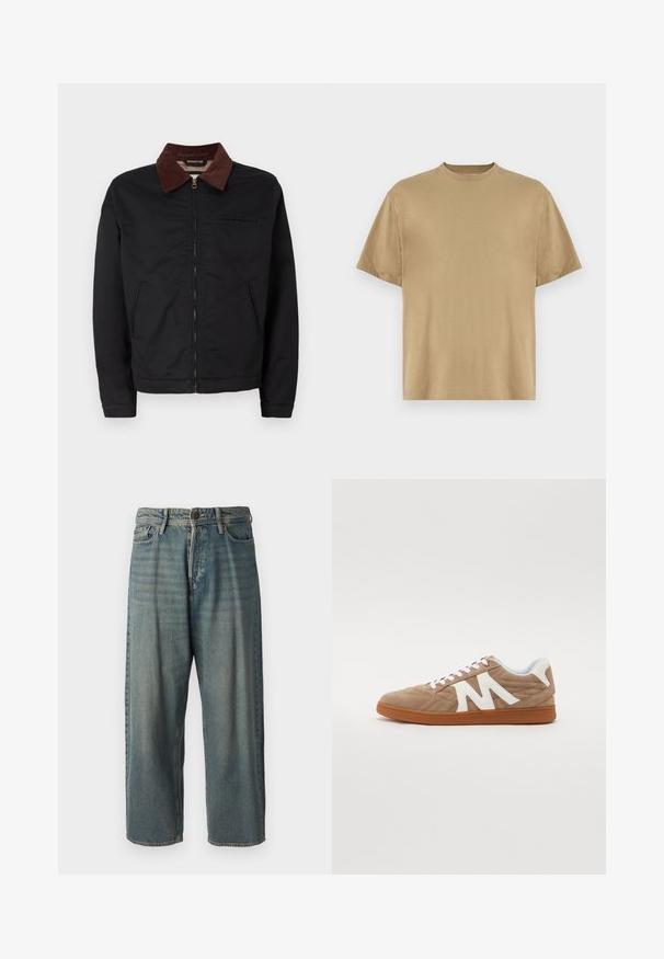 Jaqueta preta com fecho éclair, colarinho de veludo cotelê castanho, dois bolsos frontais e um bolso no peito, exibida sobre um fundo branco liso.; Camiseta de mangas curtas em caqui, feita de tecido suave, com decote redondo e um corte descontraído. Sem padrões ou gráficos visíveis.; Jeans de ganga azul claro com um corte solto, cintura média e pernas retas. Apresenta cinco bolsos, passadores de cinto e fecho com botão.; Sapatilha de atacado com parte superior em camurça castanha, detalhes em tecido branco, design acolchoado e sola em borracha castanha. Apresenta um destacado logótipo "M".