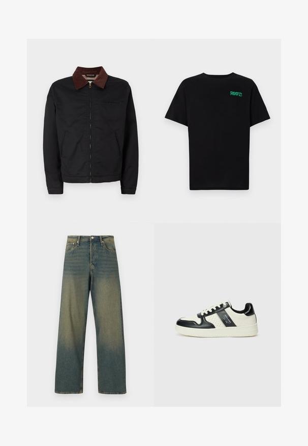 Jaqueta preta com fecho éclair, colarinho de veludo cotelê castanho, dois bolsos frontais e um bolso no peito, exibida sobre um fundo branco liso.; T-shirt preta feita de algodão com mangas curtas. Apresenta um logótipo verde "ROOTS" na frente, gola redonda e corte standard.; Jeans de perna larga em denim azul desbotado. Apresenta uma cintura alta, design de cinco bolsos, fecho de botão metálico e detalhes de costura visíveis.; Ténis de couro com um esquema de cores em preto e creme, apresentando detalhes perfurados, um colarinho acolchoado e uma sola texturizada.
