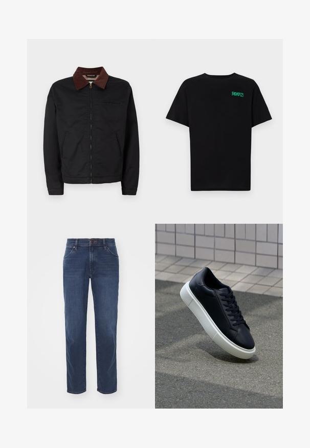 Juodas užtrauktukas striukė su rudų kordūro apykakle, dviem priekinėm kišenėm ir viena krūtinės kišene, pristatyta ant paprasto balto fono.; Juodas medvilninis marškinėliai trumpomis rankovėmis. Priekyje yra žalias „ROOTS“ logotipas, apvalus iškirpimas ir standartinė prigludimo forma.; Tamsiai mėlynos džinsinės kelnes, pagamintas iš denimo, su tiesiomis kojomis, klasikinio penkių Kišenėlių stiliaus ir mygtukų užsegimu juosmens srityje.; Juodas odinis sportbačius su apvaliu pirštu ir baltu gumuotu padu. Turi plokščias raišteles ir minimalų siuvimą viršuje. Padangos tekstūra užtikrina sukibimą.