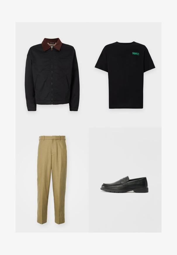 Veste zippée noire avec col en velours côtelé marron, deux poches avant et une poche poitrine, présentée sur un fond blanc uni.; T-shirt noir en coton à manches courtes. Présente un logo "ROOTS" vert sur le devant, un col rond et une coupe standard.; Pantalons beiges en tissu texturé, avec une coupe droite, des passants de ceinture et des plis à l'avant.; Mocassins en cuir noir avec une finition lisse, tige de style moccasin, détails cousus et semelle en caoutchouc. Design classique avec un talon bas.