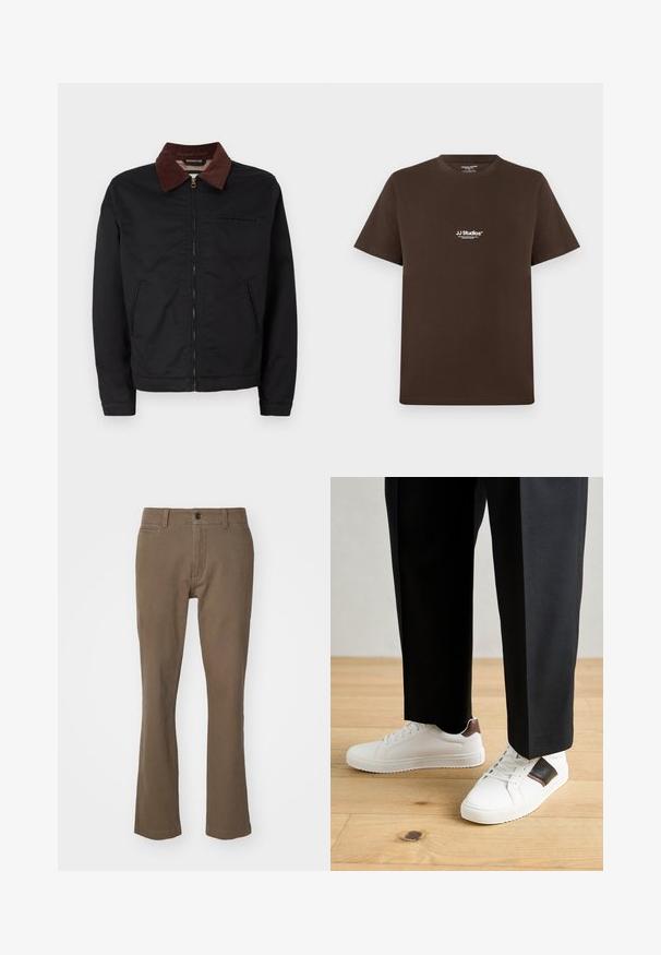 Fekete cipzáras dzseki barna kordbársony gallérral, két elülső zsebbel és egy mellzsebbel, egy sima fehér háttér előtt bemutatva.; Barna pamut póló rövid ujjakkal, kerek nyakkal és egy kis fehér logóval a mellkasán. Sima textúrájú és normális fazonú.; Barna, egyenes lábú pamut nadrág sima textúrával, gombos zárással, cipzárral és elülső zsebekkel.; Fehér sneaker, sima textúrával, barna bőr díszítéssel és fekete részletekkel, fekete szabott nadrággal párosítva. Fából készült padló háttér.