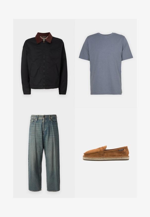 Jaqueta preta com fecho éclair, colarinho de veludo cotelê castanho, dois bolsos frontais e um bolso no peito, exibida sobre um fundo branco liso.; T-shirt cinza de manga curta com gola redonda, feita de um tecido suave em mistura de algodão. Design simples, sem padrões ou detalhes.; Jeans de ganga azul claro com um corte solto, cintura média e pernas retas. Apresenta cinco bolsos, passadores de cinto e fecho com botão.; Shoe slip-on de camurça castanha com bico arredondado, apresentando uma sola de juta trançada e uma pequena faixa de destaque na parte da frente.