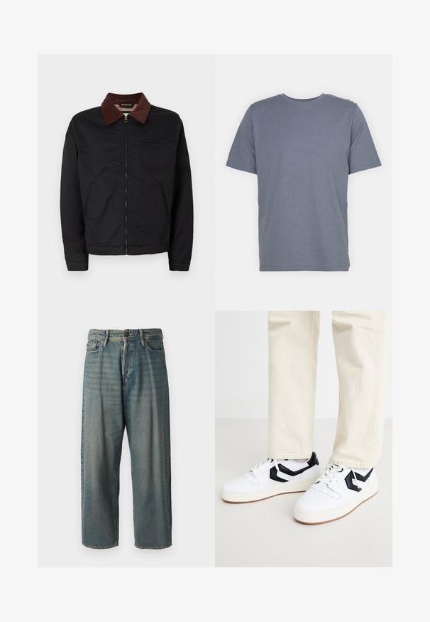 Jaqueta preta com fecho éclair, colarinho de veludo cotelê castanho, dois bolsos frontais e um bolso no peito, exibida sobre um fundo branco liso.; T-shirt cinza de manga curta com gola redonda, feita de um tecido suave em mistura de algodão. Design simples, sem padrões ou detalhes.; Jeans de ganga azul claro com um corte solto, cintura média e pernas retas. Apresenta cinco bolsos, passadores de cinto e fecho com botão.; Sapata branca com um design geométrico preto, parte superior texturizada e uma sola branca chunky com um padrão de borracha castanho claro.