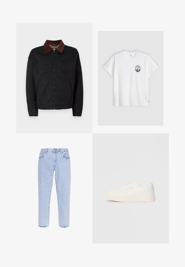 Must must ülikond, millel on pruun puuvillane krae, kaks eesmist taskut ja üks rinnatasku, esitletud tavalise valge tausta taustal.; Valge puuvillane t-särk lühikeste varrukatega, ümmarguse kaelusega ja musta ringikujulise logoga vasakul rinnal, kus on stiliseeritud kujundus.; Levi's® STAY LOOSE TAPER CROP - Avar lõikega teksad - royal stonewash; Valged libisemiskindlad tossud tekstuuriga pinnaga, paksu tallaga ja minimalistikus disainis. Küljel on brändi logo.