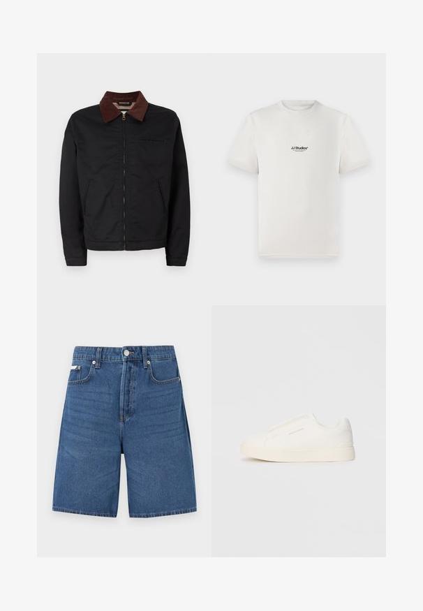 Jaqueta preta com fecho éclair, colarinho de veludo cotelê castanho, dois bolsos frontais e um bolso no peito, exibida sobre um fundo branco liso.; T-shirt de algodão branca com mangas curtas, apresentando um logótipo preto "JJ Studios" no peito. Design de gola redonda e ajuste padrão.; Calções de ganga em azul escuro com corte reto, design de cinco bolsos e costura visível. Apresenta um fecho na frente com botão e fecho éclair.; Sapatilhas brancas de atacar com uma superfície texturizada, sola grossa e design minimalista. Possui o logo da marca na lateral.