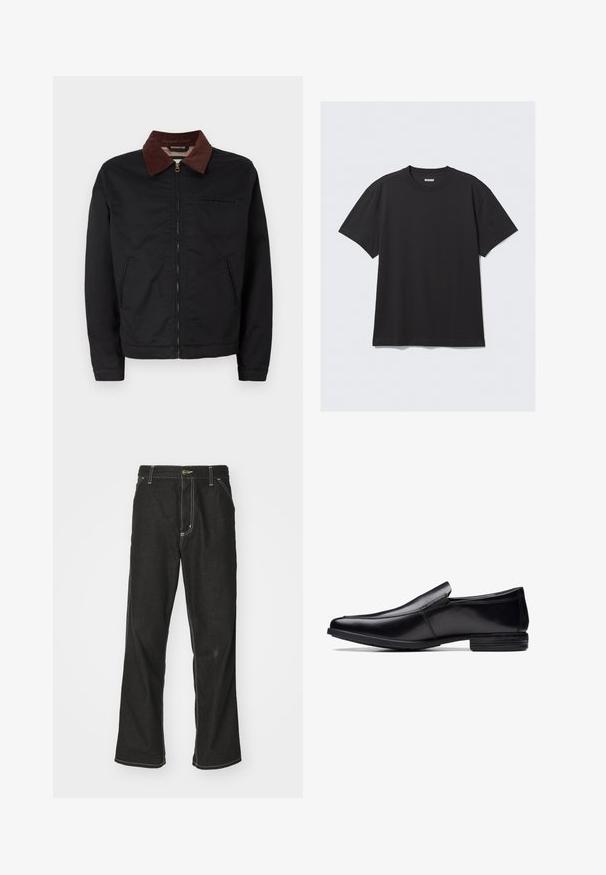 Black zip-up jacket with brown corduroy collar, two front pockets, and one chest pocket, displayed on a plain white background.; Black short-sleeve t-shirt made of cotton. Features a crew neckline and a relaxed fit. Simple design with no patterns or accents visible.; Black denim jeans with a loose fit, featuring contrasting white stitching, a button closure, and a straight leg design.; Black leather slip-on shoe with a pointed toe, polished finish, subtle stitching details, and a low profile rubber sole.