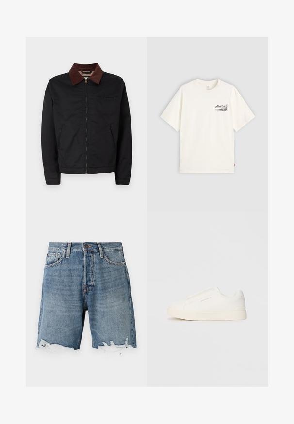 Črna zip-up jakna z rjavim žametnim ovratnikom, z dvema sprednjima žepoma in enim žepom na prsih, prikazana na enobarvni beli podlagi.; Bela kratka majica iz bombaža s črno grafiko na levem prsnem predelu, ki vsebuje besedo "Fresh."; Denim kratke hlače v svetlo modri barvi z raztrganim robom, dizajn s petimi žepi in vidno šivanje. Imajo gumbasto zapiranje v pasu.; Bele zapete brez vezalk z teksturirano površino, debelim podplatom in minimalističnim dizajnom. Na strani se nahaja logotip blagovne znamke.