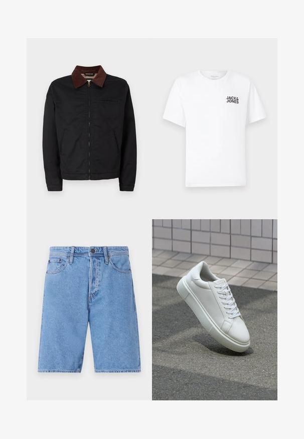 Črna zip-up jakna z rjavim žametnim ovratnikom, z dvema sprednjima žepoma in enim žepom na prsih, prikazana na enobarvni beli podlagi.; Bela bombažna majica, kratki rokavi, okrogla izreza. Na levi strani prsnega dela se nahaja črn logotip "JACK & JONES". Preprost, enostaven dizajn.; Svijetloplave traper šortse s klasičnim dizajnom od pet džepova, kopčom na dugme i ravnim krojem, koji imaju izblijedjelu teksturu i dodatke od šivanja.; Bela usnjena teniska obutev z gladko površino, okroglo konico in ravnimi belimi vezalkami. Ima teksturiran gumijast podplat in minimalne oblikovalske elemente.