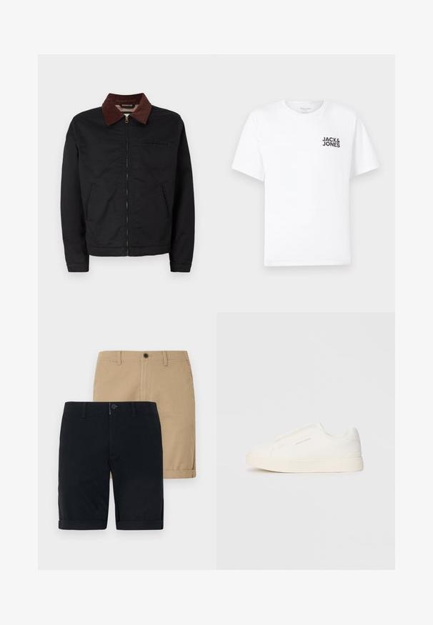 Czarna kurtka zapinana na zamek z brązowym kołnierzem z kordurowego materiału, z dwiema przednimi kieszeniami i jedną kieszenią na piersi, wyeksponowana na białym tle.; Biała bawełniana koszulka, krótki rękaw, okrągły dekolt. Posiada czarny tekst logo "JACK & JONES" po lewej stronie klatki piersiowej. Prosty, gładki design.; Dwie pary szortów: jedna granatowa, a druga khaki. Obie wykonane są z bawełny, mają płaski przód, zawinięte wykończenie i zapięcie na guziki.; Białe sneakersy wsuwane z teksturowanej powierzchni, grubą podeszwą i minimalistycznym designem. Zawierają logo marki z boku.