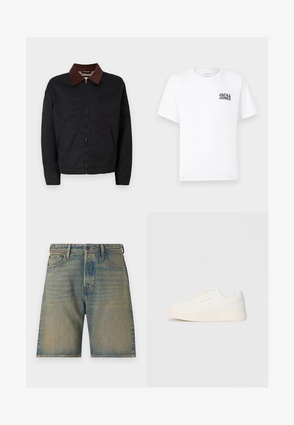 Jaqueta preta com fecho éclair, colarinho de veludo cotelê castanho, dois bolsos frontais e um bolso no peito, exibida sobre um fundo branco liso.; T-shirt de algodão branco, mangas curtas, com decote redondo. Apresenta o logotipo em texto preto "JACK & JONES" na área do peito esquerdo. Design simples e liso.; Calções de ganga em azul claro com lavagem desbotada. Inclui cinco bolsos, fecho com zip, fecho de botão e costura resistente ao longo das bordas.; Sapatilhas brancas de atacar com uma superfície texturizada, sola grossa e design minimalista. Possui o logo da marca na lateral.