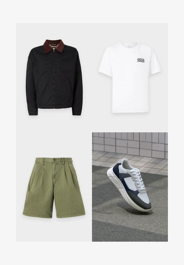 Jaqueta preta com fecho éclair, colarinho de veludo cotelê castanho, dois bolsos frontais e um bolso no peito, exibida sobre um fundo branco liso.; T-shirt de algodão branco, mangas curtas, com decote redondo. Apresenta o logotipo em texto preto "JACK & JONES" na área do peito esquerdo. Design simples e liso.; Bermudas caqui com pregas frontais, feitas de um tecido em mistura de algodão. Apresenta passantes para cinto e fecho de botão, com corte reto nas pernas e bainha limpa.; Sapatilhas brancas, azuis-marinho e cinzas com um design de materiais mistos, apresentando uma parte superior texturizada, atacadores planos e uma sola acolchoada.