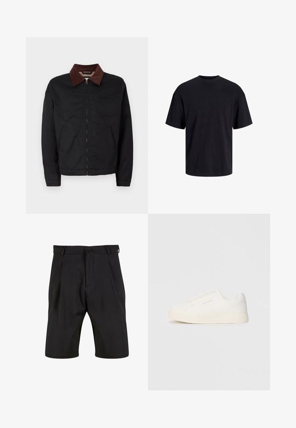 Mustat vetoketjulliset takki ruskealla samettikauluksella, kaksi etupussia ja yksi rintatasku, esillä yksinkertaisella valkoisella taustalla.; Musta puuvillapaita, jossa on pyöreä kaula-aukko, lyhyet hihat ja rento muotoilu. Yksinkertainen ja sileä pinta, ilman näkyviä kuvioita tai koristeita.; Mustat shortsit, jotka on valmistettu sileästä kankaasta ja joissa on räätälöity muotoilu. Niissä on edessä nappikiinnitys, laskokset ja sivutaskut.; Valkoiset liukusukat, joissa on teksturoitu pinta, paksu pohja ja minimalistikot. Sivulla on brändin logo.
