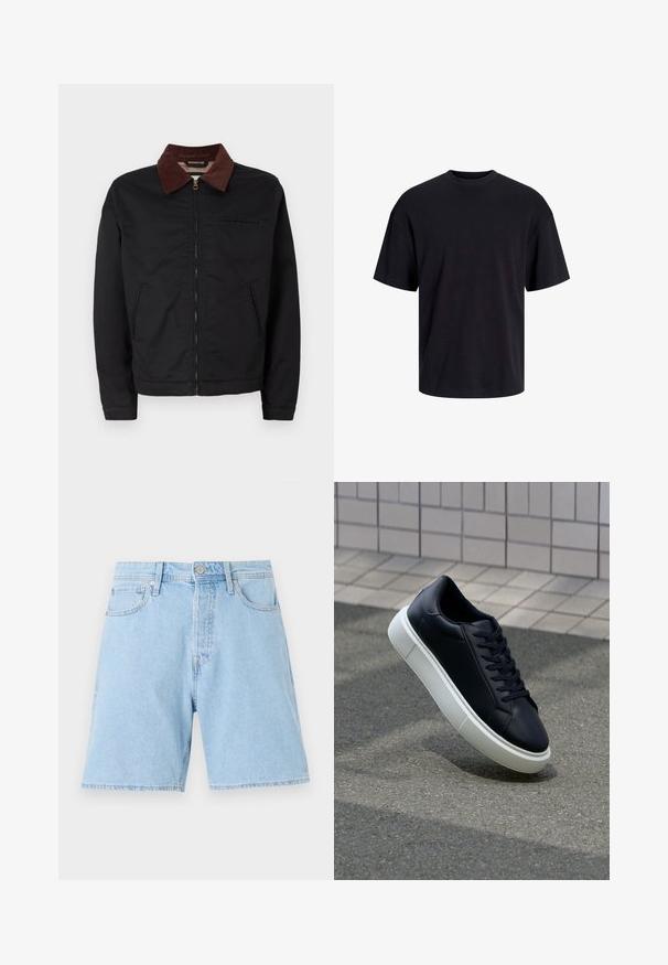Črna zip-up jakna z rjavim žametnim ovratnikom, z dvema sprednjima žepoma in enim žepom na prsih, prikazana na enobarvni beli podlagi.; Črna bombažna majica s krojačkom izrezom, kratkimi rokavi in sproščenim krojem. Gladka tekstura in brez vidnih vzorcev ali poudarkov.; Svijetloplave traper kratke hlače klasičnog kroja, s pet džepova, kopčanjem na gumb i stikhanim rubom. Izdržljiv materijal s glatkom teksturom.; Črne usnjene superge z zaobljenim prstom in belim gumijastim podplat. Imajo ravne vezalke in minimalno šivanje na zgornjem delu. Teksturirani podplat za oprijem.
