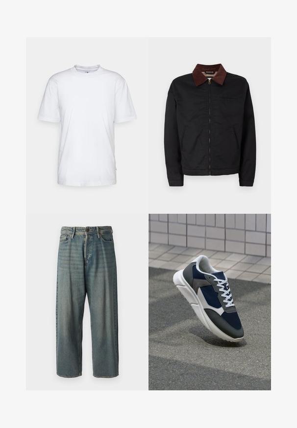 Crna jakna na zatvaranje sa rajsferšlusom i ovratnikom od smeškastog pamuka, sa dva prednja džepa i jednim džepom na grudima, prikazana na jednostavnoj beloj pozadini.; Bijela pamučna majica s okruglim izrezom, kratkim rukavima i ravnim rubom. Ima malu oznaku branda na lijevoj bočnoj šavu.; Svijetloplave traperice s širokim krojem, srednjim pojasom i ravnim nogavicama. Ima pet džepova, petlje za remen i kopčanje na gumb.; Tenisice s gornjim dijelom od mrežastog materijala tamnoplave boje, siva antilopova naglašavanja, bijela gumena potplat i ravne bijele vezice, dizajnirane za udobnost i prozračnost.