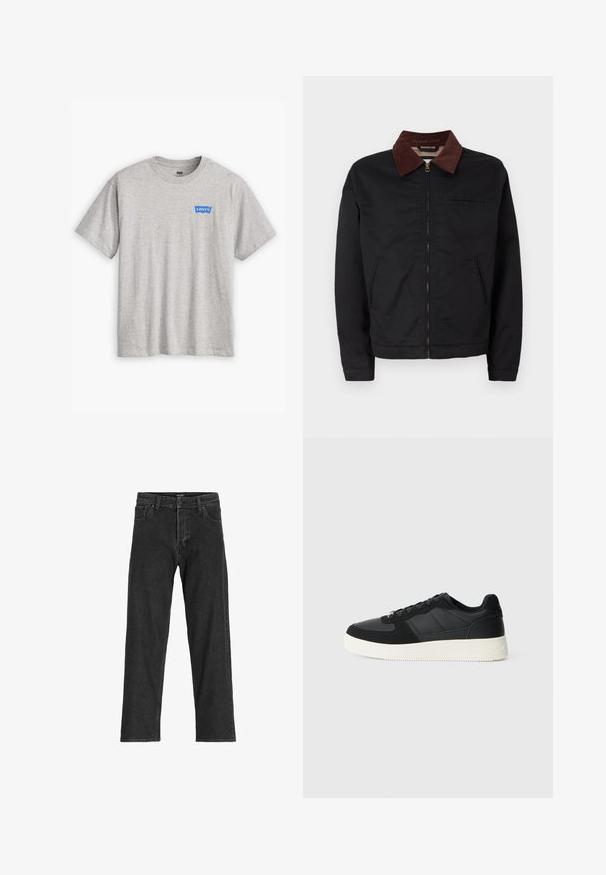 Črna zip-up jakna z rjavim žametnim ovratnikom, z dvema sprednjima žepoma in enim žepom na prsih, prikazana na enobarvni beli podlagi.; Siva bombažna majica s kratkimi rokavi in krožnim ovratnikom, z modrim logotipom Levi's na levem prsnem delu.; Črne kavbojke z ravnim krojem, ki vključujejo zadrgo, paski in šest žepov, narejene iz trpežne mešanice bombaža.; Črne nizke teniske z teksturiranim usnjem in paneli iz semiša, bela gumijasta podloga in črne vezalke na enobarvni svetli podlagi.