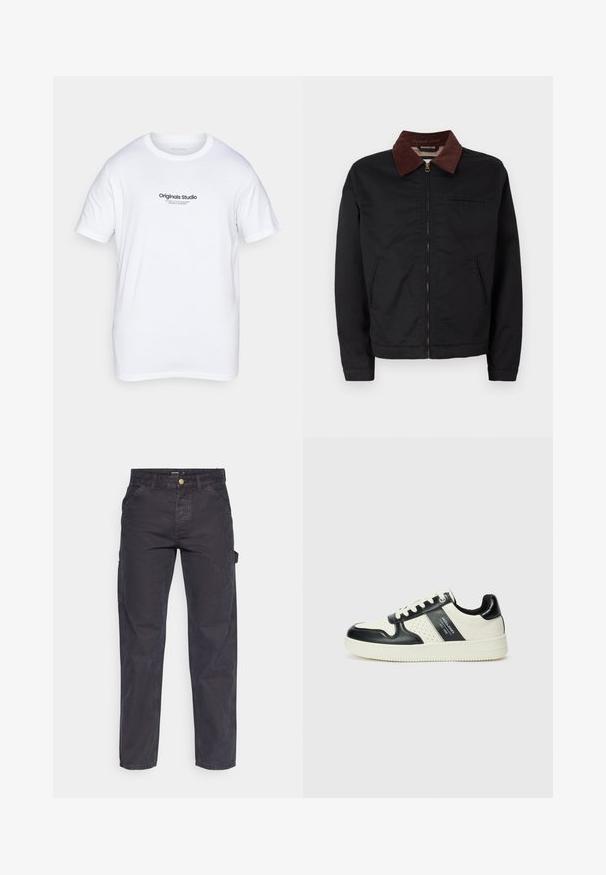 Chaqueta negra con cremallera y cuello de pana marrón, con dos bolsillos frontales y un bolsillo en el pecho, exhibida sobre un fondo blanco liso.; Camiseta de algodón blanca con manga corta. Presenta un logo impreso en negro "Originals Studio" en el frente. Diseño clásico de cuello redondo.; Pantalones cargo de color gris oscuro, confeccionados con un tejido duradero, que presentan un corte recto, cinco bolsillos y un cierre de botón en la cintura.; Zapatillas de cuero con un esquema de colores negro y crema, que cuentan con acentos perforados, un collar acolchado y una suela texturizada.