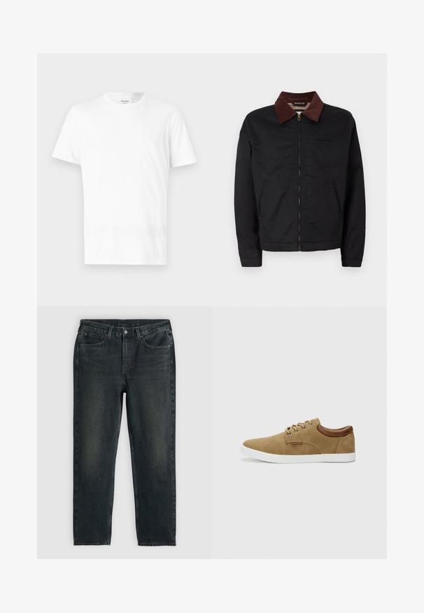 Jaqueta preta com fecho éclair, colarinho de veludo cotelê castanho, dois bolsos frontais e um bolso no peito, exibida sobre um fundo branco liso.; T-shirt branca de manga curta feita de algodão, com decote redondo e um design simples, adequada para uso casual.; Jeans de denim azul-escuro com corte reto, apresentando cinco bolsos, fecho de zip e costura em contraste. Desgaste sutil no tecido.; Sapatilha de camurça bege com sola de borracha branca, detalhes em couro castanho no calcanhar e ilhós prateados para os cadarços. Design simples e arredondado.