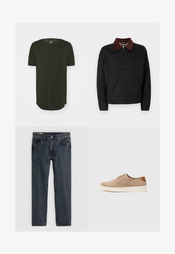 Svart zip-up jacka med brun manchesterkrage, två framfickor och en bröstficka, presenterad mot en enkel vit bakgrund.; Mörkgrön kortärmad t-shirt i mjuk bomull. Har rund halsringning, rak nederkant och en liten logotagg i botten.; Mörkblå denimjeans med rak bendesign, fem fickor och knappgylf. Tyget har en subtil blekning och textur.; Beige mockasinsneakers med rund tå, snörning fram och texturerad bakaxel. Vit gummisula ger kontrast. Enkelt och modernt design.