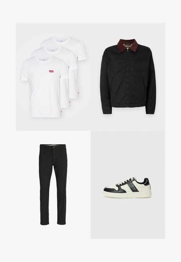 Czarna kurtka zapinana na zamek z brązowym kołnierzem z kordurowego materiału, z dwiema przednimi kieszeniami i jedną kieszenią na piersi, wyeksponowana na białym tle.; Levi's® - T-shirt basic; Czarne spodnie z bawełnianego materiału w slim fit, z zapięciem na guzik, kieszeniami i podwiniętymi mankietami, co nadaje im swobodny charakter.; Skórzane sneakersy w czarno-kremowym schemacie kolorystycznym, z perforowanymi akcentami, wyściełanym kołnierzem i teksturowaną podeszwą.