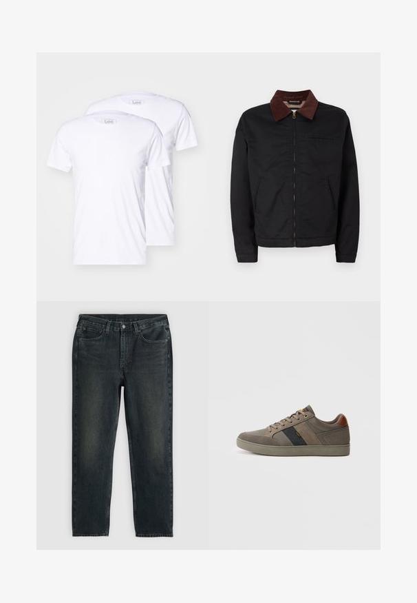 Geacă neagră cu fermoar, cu guler din corduroy maro, două buzunare frontale și un buzunar pe piept, afișată pe un fundal alb simplu.; Două tricouri albe din bumbac cu mâneci scurte, gât rotund și branding Lee pe etichete. Textură netedă, croială clasică, fără modele suplimentare.; Blugi din denim de culoare albastru închis, cu croi drept, având cinci buzunare, fermoar și cusături în contrast. Ușor uzate pe material.; Tenisi casual maro cu vârful jos, cu șireturi, panouri texturate, o dungă neagră cu text galben "Lee" și un patch maro la călcâi.