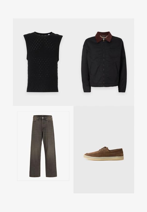 Must must ülikond, millel on pruun puuvillane krae, kaks eesmist taskut ja üks rinnatasku, esitletud tavalise valge tausta taustal.; Must katta ja ilma varrukatega kudum, millel on tekstuuriline muster, millel on teemantikujulised ja väikesed augud. Toode sisaldab ümmargust kaelust ja soonikservi.; Laia säärtega sinimustad teksad tumeda halli denimi, kõrge talje, klassikalise viie tasku disaini ning kontrastsete õmblustega õmblustel.; Pruunid nahast kingad, madala profiiliga, nööbitava disainiga, kummist tallaga ja kontrastsete õmblustega. Lihtne ja funktsionaalne stiil.