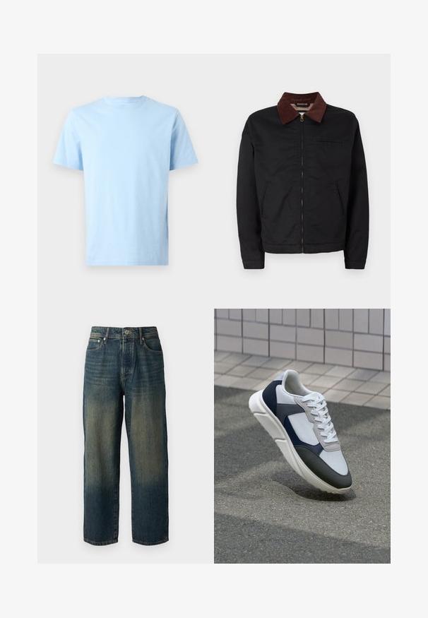 Jaqueta preta com fecho éclair, colarinho de veludo cotelê castanho, dois bolsos frontais e um bolso no peito, exibida sobre um fundo branco liso.; T-shirt azul claro de mangas curtas feito de algodão. Apresenta um decote redondo e um corte descontraído. Textura suave e cor consistente em toda a peça.; Calças de ganga azul com corte reto, apresentando um design desbotado com tons mais claros em direção à bainha, cinco bolsos e fecho com botão.; Sapatilhas brancas, azuis-marinho e cinzas com um design de materiais mistos, apresentando uma parte superior texturizada, atacadores planos e uma sola acolchoada.
