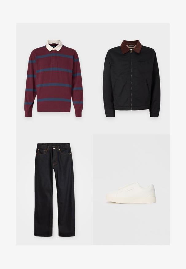 Giacca nera con zip, colletto in corduroy marrone, due tasche anteriori e una tasca sul petto, esibita su uno sfondo bianco semplice.; Polo a maniche lunghe color bordeaux con righe blu navy e azzurro, caratterizzato da un colletto bianco a contrasto e una patta con due bottoni.; Jeans neri in denim dritto da uomo con cinque tasche e cuciture arancioni, chiusura con bottone e zip sulla vita anteriore.; Sneakers bianchi slip-on con superficie texturizzata, suola spessa e design minimalista. Presentano il logo del marchio sul lato.