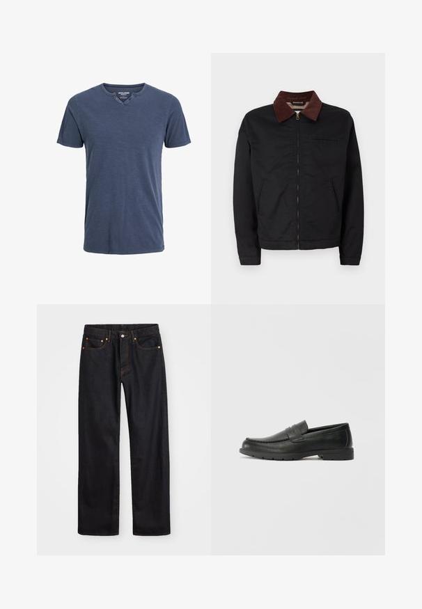 Veste zippée noire avec col en velours côtelé marron, deux poches avant et une poche poitrine, présentée sur un fond blanc uni.; T-shirt à manches courtes bleu marine en tissu doux, avec un col en V et deux accents de boutons sur un côté, offrant une coupe décontractée.; Jean en denim noir pour hommes, coupe droite, avec cinq poches et surpiqûres orange, fermeture par bouton et zip à la taille avant.; Mocassins en cuir noir avec une finition lisse, tige de style moccasin, détails cousus et semelle en caoutchouc. Design classique avec un talon bas.