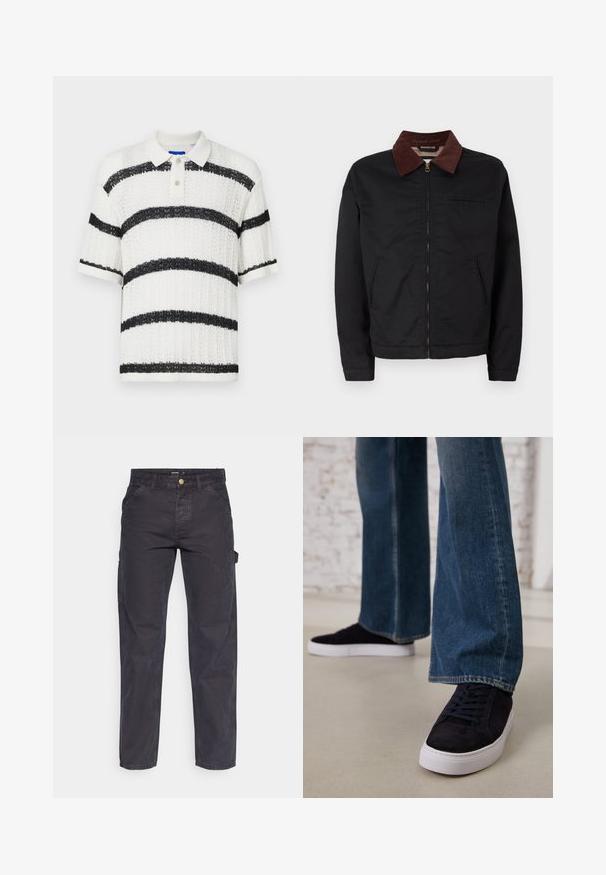Schwarze Zip-Jacke mit braunem Cordkragen, zwei vorderen Taschen und einer Brusttasche, auf einem schlichten weißen Hintergrund präsentiert.; Weißes Polohemd mit kurzen Ärmeln aus strukturiertem Stoff, mit breiten schwarzen horizontalen Streifen und einem Kragen mit drei Knöpfen und transparenten Knöpfen.; Dunkelgraue Cargo-Hosen aus strapazierfähigem Stoff, mit geradem Bein, fünf Taschen und einem Knopfverschluss an der Taille.; Dunkelblaue Wildleder-Sneaker mit einer weißen Gummisohle und Schnürsenkeln, kombiniert mit weit geschnittenen Jeans in einem mittelblauen Waschung.