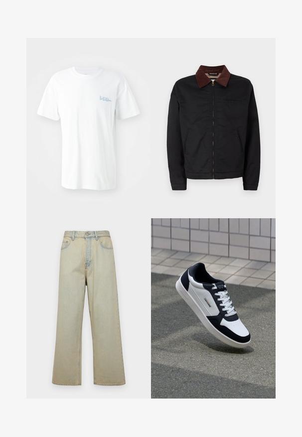 Mustat vetoketjulliset takki ruskealla samettikauluksella, kaksi etupussia ja yksi rintatasku, esillä yksinkertaisella valkoisella taustalla.; Valkoinen puuvillapaita, jossa on lyhyet hihat. Vasemmassa rinnassa on vaaleansininen painettu "LEE" -logo. Pyöreä pääntie, normaali malli.; Vaaleansiniset leveät farkut, jotka on valmistettu denimistä ja joissa on haalistunut pinta. Varustettu viidellä taskulla ja etunappikiinnityksellä.; Valkoinen ja tummansininen nahkakengät, joissa on teksturoitu pohja, nauhakiinnitys ja logotagi. Ominaisuuksiin kuuluu rei'itetty varvasosa ja pehmustettu nilkka.