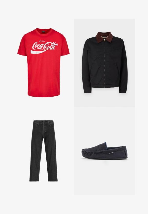 Must must ülikond, millel on pruun puuvillane krae, kaks eesmist taskut ja üks rinnatasku, esitletud tavalise valge tausta taustal.; Punane puuvillane T-särk lühikeste varrukatega, millel on valge "Coca-Cola" logo ja laineline disain rinna kohal. Klassikaline ümmargune kaelus.; Mustad siidist teksad, sirge jalgadega disainiga, tõmbluku ja vöödega, kuue taskuga, valmistatud tugevast puuvilla ja sünteetilise kiu segust.; Jack & Jones JFWMARK - Mokassiinid - navy blazer