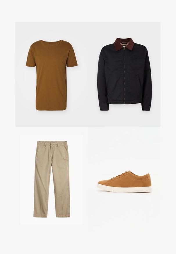 Svart zip-up jacka med brun manchesterkrage, två framfickor och en bröstficka, presenterad mot en enkel vit bakgrund.; Lee SHAPED TEE - T-shirt - bas - brown; Beige rak ben chinos med bälteshällor, framknapp och dragkedja, samt snedställda framfickor.; Bruna mockaskor med låg design, vit gummisul, och rund tå. Har matchande snörning och minimal logga på hälen.