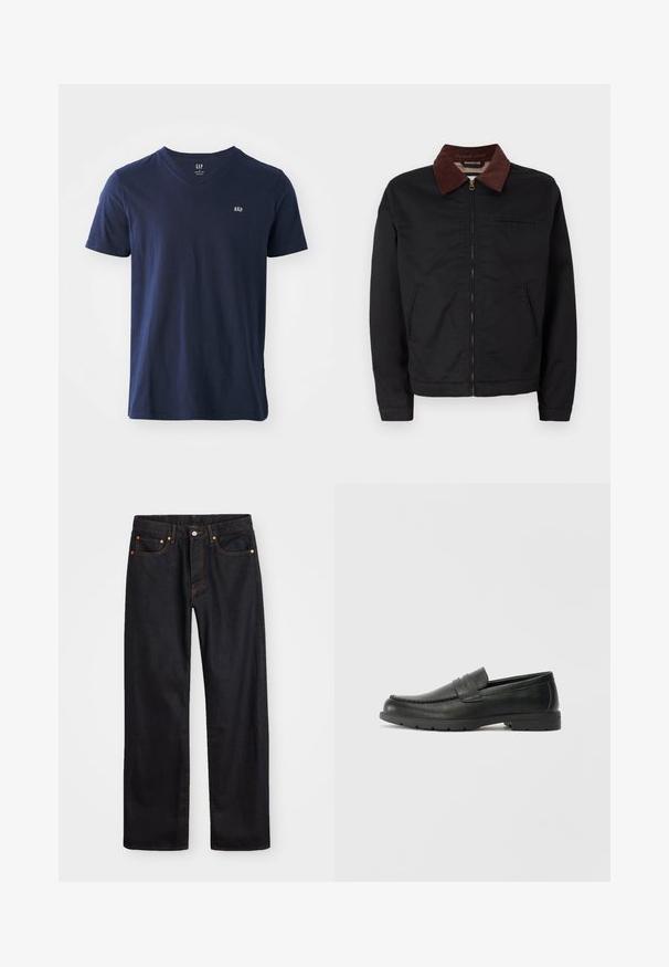 Sort lynlåsjakke med brunt corduroy-krave, to frontlommer og en brystlomme, vist på en ensfarvet hvid baggrund.; Mørkeblå bomulds t-shirt med v-hals, korte ærmer og et lille broderet logo på brystet. Blød tekstur og afslappet design.; Mænds lige ben sorte denim jeans med fem lommer og orange syninger, knap- og lynlåslukning foran på taljen.; Sorte læderslippers med en glat finish, mokkasin-stil overdel, syninger og gummisål. Klassisk design med en lav hæl.