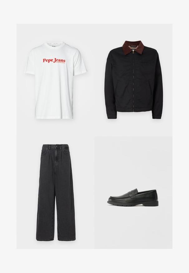 Must must ülikond, millel on pruun puuvillane krae, kaks eesmist taskut ja üks rinnatasku, esitletud tavalise valge tausta taustal.; Valge puuvillane T-särk, millel on punane "Pepe Jeans" logo tekst. Lühikesed varrukad ja ümmargune kaelus, tavaline lõige ja ilma nähtavate mustriteta.; Laiad, kõrgema vöökohaga mustad denimipüksid, millel on ees nupuga ja tõmblukuga sulgemine, külgpocketid ja sile tekstuur.; Musthave nahkkingad siledast nahast, mokassiini stiilis ülevalt, tikanditega ja kummist tallaga. Klassikaline disain madala kontsaga.