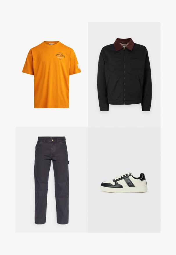 Schwarze Zip-Jacke mit braunem Cordkragen, zwei vorderen Taschen und einer Brusttasche, auf einem schlichten weißen Hintergrund präsentiert.; Oranges Baumwoll-T-Shirt mit kurzen Ärmeln, rundem Halsausschnitt und bedrucktem Text. Verfügt über ein Etikett am linken Ärmel und einen geraden Saum.; Dunkelgraue Cargo-Hosen aus strapazierfähigem Stoff, mit geradem Bein, fünf Taschen und einem Knopfverschluss an der Taille.; Leder-Sneaker in Schwarz- und Cremetönen, mit perforierten Akzenten, einem gepolsterten Kragen und einer strukturierten Laufsohle.