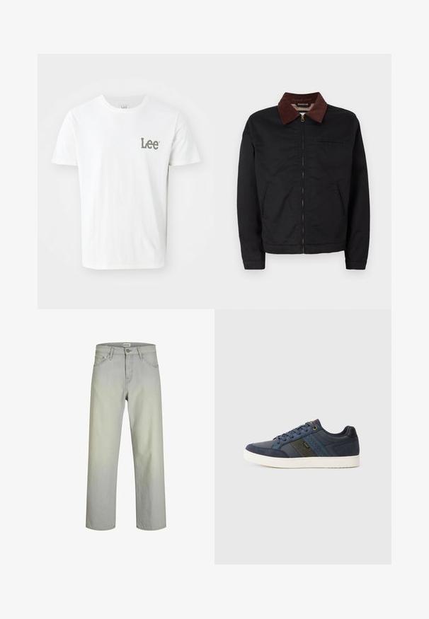 Crna jakna na zatvaranje sa rajsferšlusom i ovratnikom od smeškastog pamuka, sa dva prednja džepa i jednim džepom na grudima, prikazana na jednostavnoj beloj pozadini.; Bijela pamučna majica s malim zelenim "Lee" logom na lijevoj strani prsnog dijela. Klasični okrugli izrez i kratki rukavi, glatka tekstura.; Svijetlo sivi traperice ravnog kroja s klasičnim dizajnom od pet džepova, zatvaranjem na dugme i petljama za remen. Napravljene su od traper tkanine s glatkom teksturom.; Mornaricizam plitki tenisice s bijelim potplatom, vezanjem sprijeda, s panelima od antilopa i kože, i bočnim prugama s "Lee" logotipom.