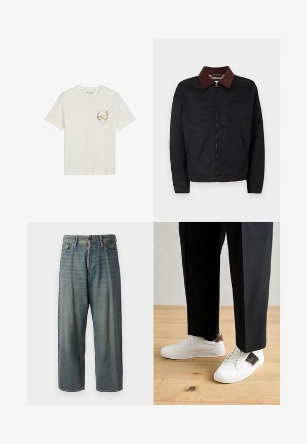 Juodas užtrauktukas striukė su rudų kordūro apykakle, dviem priekinėm kišenėm ir viena krūtinės kišene, pristatyta ant paprasto balto fono.; Balta trumpa rankovėmis marškinėliai su apvaliu kaklu, maža gamtos peisžo spauda ir tekstas kairėje krūtinės kišenės vietoje.; Šviesiai mėlyni džinsai su laisvu siluetu, vidutinio aukščio juosmeniu ir tiesiomis kojomis. Su penkiais kišenėmis, diržo kilpo ir mygtukų uždarymu.; Balti sportbačiai su glotnia danga, puošti rudais odiniais akcentais ir juodais detalėmis, derinami su juodais pritaikytais kelnėmis. Medinių grindų fonas.