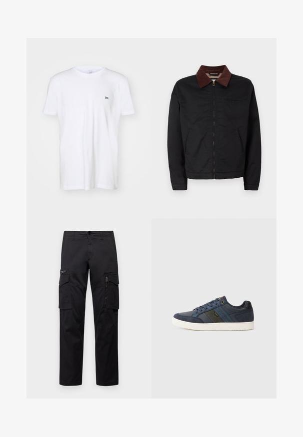 Svart zip-up jakke med brun kordfløyelskrage, to frontlommer og en brystlomme, vist mot en enkel hvit bakgrunn.; Hvit bomull T-skjorte med korte ermer, med en liten, brodert svart "Lee" logo på venstre bryst. Enkel, klassisk design.; Sorte cargo bukser med flere lommer, en lynlåslomme på låret, rett passform og solid bomullsstoff med lett glans.; Marineblå lavtopp sneakers med hvit såle, snøring foran, skinn- og semsket paneler, og sidestrekdetaljer med "Lee"-logo.