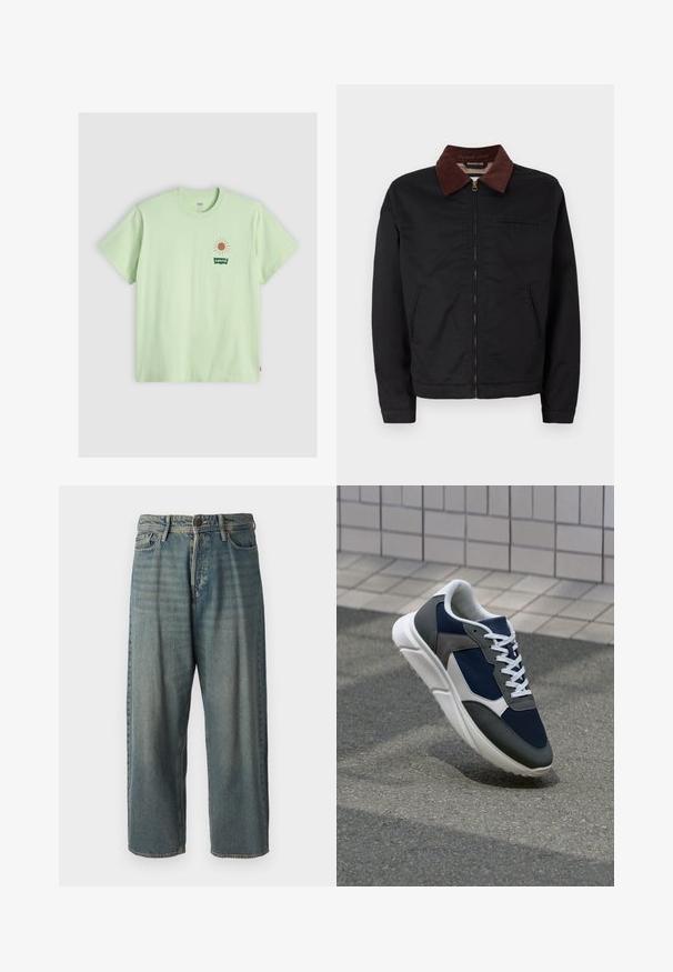 Czarna kurtka zapinana na zamek z brązowym kołnierzem z kordurowego materiału, z dwiema przednimi kieszeniami i jedną kieszenią na piersi, wyeksponowana na białym tle.; Jasnozielona bawełniana koszulka, krótki rękaw, okrągły dekolt. Posiada grafikę słońca w jasnopomarańczowym kolorze oraz zielone logo Levi's na lewej piersi.; Jasnoniebieskie dżinsy o luźnym kroju, średnim stanie i prostych nogawkach. Posiadają pięć kieszeni, szlufki na pasek oraz zapięcie na guzik.; Sneakers z granatową siateczkową cholewką, szarymi zamszowymi akcentami, białą gumową podeszwą i płaskimi białymi sznurówkami, zaprojektowane z myślą o komforcie i wentylacji.