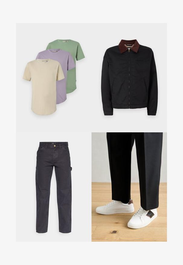 Mustat vetoketjulliset takki ruskealla samettikauluksella, kaksi etupussia ja yksi rintatasku, esillä yksinkertaisella valkoisella taustalla.; Kolme lyhythihaista T-paitaa vaaleankreemissä, laventelinvärisessä ja vihreässä. Valmistettu pehmeästä puuvillasta, joissa on pyöreät kaula-aukot ja rento istuvuus.; Tummanharmaat cargo-housut, jotka on valmistettu kestävästä kankaasta. Niissä on suora lahkeellinen leikkaus, viisi taskua ja nappikiinnitys vyötäröllä.; Valkoiset tennarit, joissa on sileä pinta, ruskealla nahka-akentilla ja mustilla yksityiskohdilla, yhdistetty mustiin räätälöityihin housuihin. Taustalla puulattia.