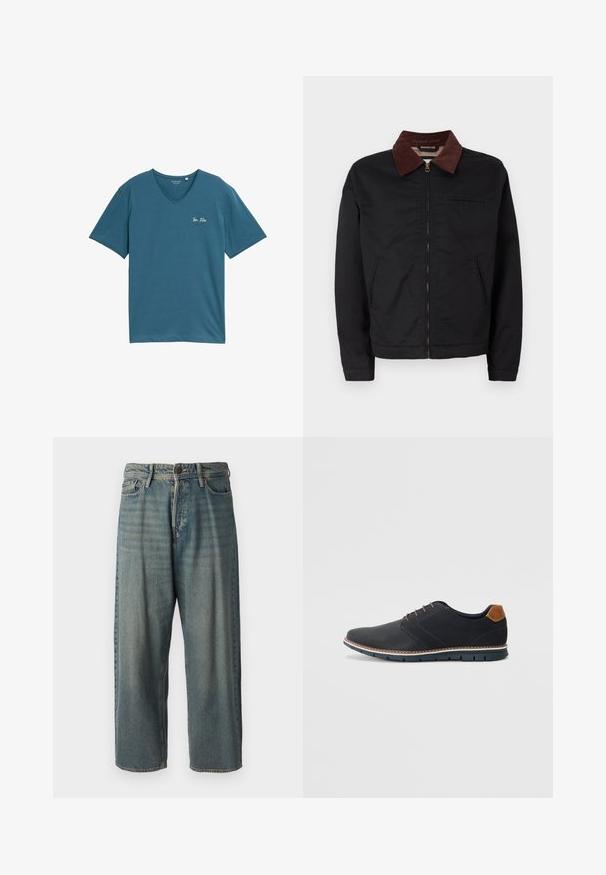 Mustat vetoketjulliset takki ruskealla samettikauluksella, kaksi etupussia ja yksi rintatasku, esillä yksinkertaisella valkoisella taustalla.; Teal V-kauluspaita, joka on valmistettu pehmeästä puuvillasta, lyhyillä hihoilla ja pienellä valkealla logolla vasemmassa rinnassa. Yksinkertainen, rento muotoilu.; Vaaleansiniset farkut, joissa on väljä istuvuus, keskikorkea vyötärö ja suorat lahkeet. Ominaisuuksiin kuuluvat viisi taskua, vyölenkit ja nappisulku.; Mustat synteettiset kengät, joissa on teksturoitu päällinen, sileät yksityiskohdat, ruskea kanta ja erottuva pohja. Ominaisuuksina minimaalinen nauhoitus ja ompeluyksityiskohdat.