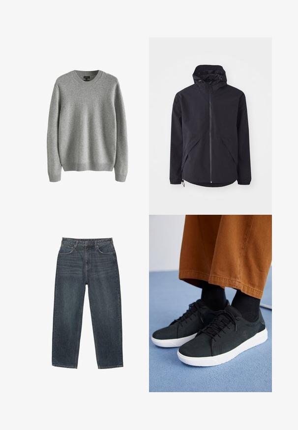 Fekete könnyű dzseki kapucnival, elülső cipzárral és két oldalsó zsebbek. Rugalmas mandzsettákkal és állítható aljjal a kényelmes illeszkedés érdekében.; Szürke kötött pulóver, kerek nyakkal, bordázott mandzsettával és aljjal, puha tapintással és laza szabással. Nincsenek látható minták vagy díszítések.; Sötétkék denim farmernadrág egyenes szabással, öt zsebből, övgyűrűkből és enyhe kopásból álló anyaggal. Steppelt szegély részletezéssel.; Fekete velúrbőr sneaker fehér gumitalppal, fűzős dizájnnal, texturált részletekkel és diszkrét márkázással, barna nadrággal párosítva.
