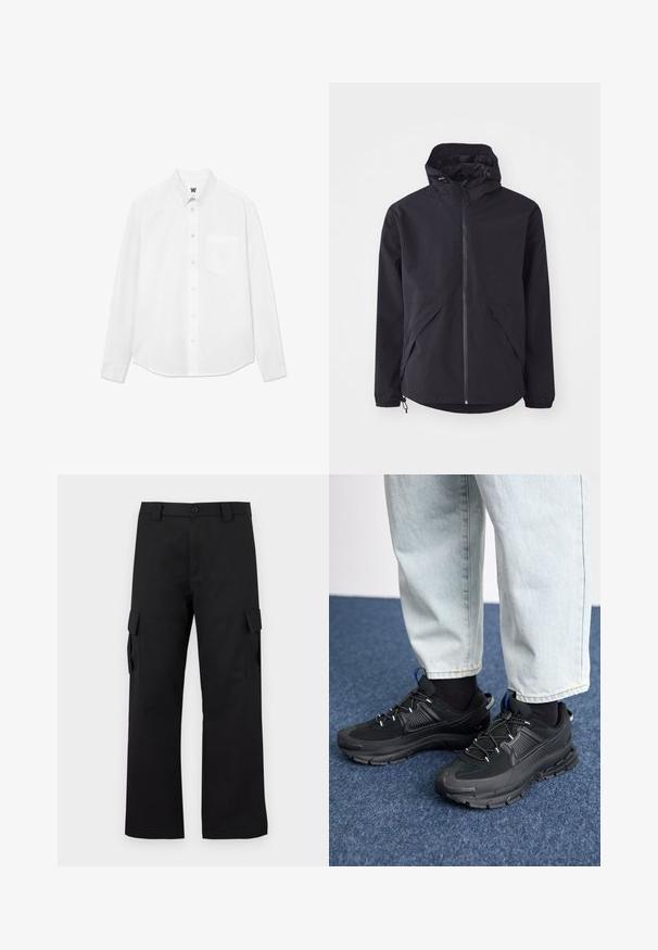 Black lightweight jacket with a hood, front zipper, and two side pockets. Features elastic cuffs and adjustable hem for a snug fit.; White long-sleeve button-up shirt with a collar, front pocket, and subtle texture. Front placket features buttons and a small logo detail.; Black cargo pants with a straight leg design. Made from durable fabric, featuring two side pockets with flap closures and a button fly.; Black athletic shoes with textured fabric and rubber soles, featuring elastic laces and a blue accent on the heel. Worn with light denim pants.