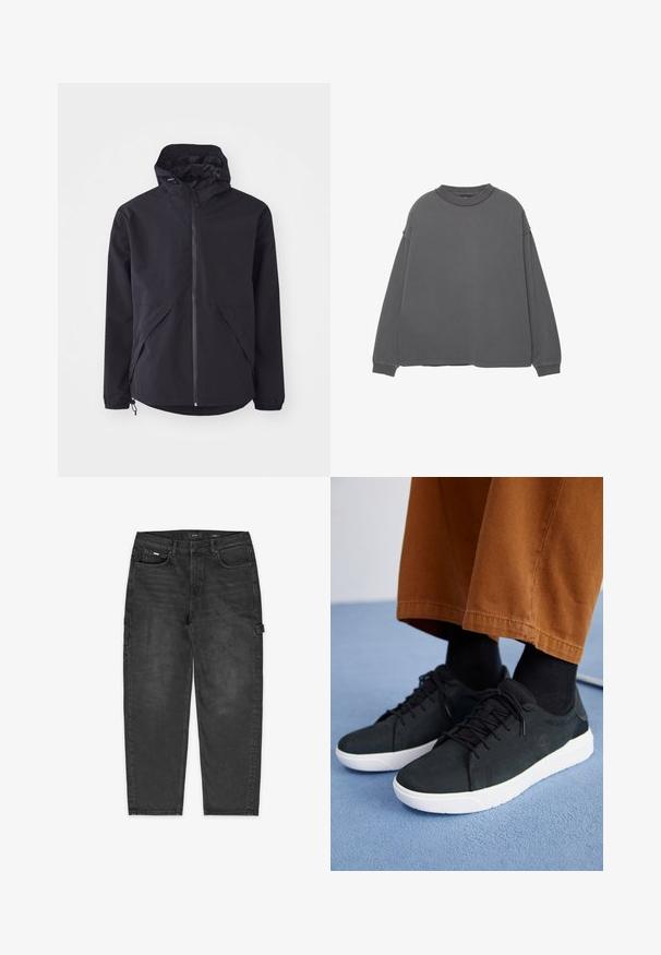 Veste légère noire avec une capuche, fermeture éclair avant et deux poches latérales. Équipée de poignets élastiques et d'un ourlet réglable pour un ajustement confortable.; Sweatshirt gris à manches longues avec un col rond, épaules tombantes et manches à bords-côtes. Texture douce, design minimaliste et sans motifs visibles.; Pantalon cargo en denim noir avec une coupe relaxée, des coutures visibles, des poches avant et latérales, et une boucle sur la cuisse pour utilitaire.; Baskets en suede noir avec semelles en caoutchouc blanc, présentant un design à lacets, des accents texturés et une branding discrète, associées à un pantalon marron.